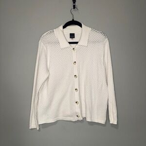 Aaeda Womens White Pointelle Knit Button Front Collared Cardigan Sweater Size XL